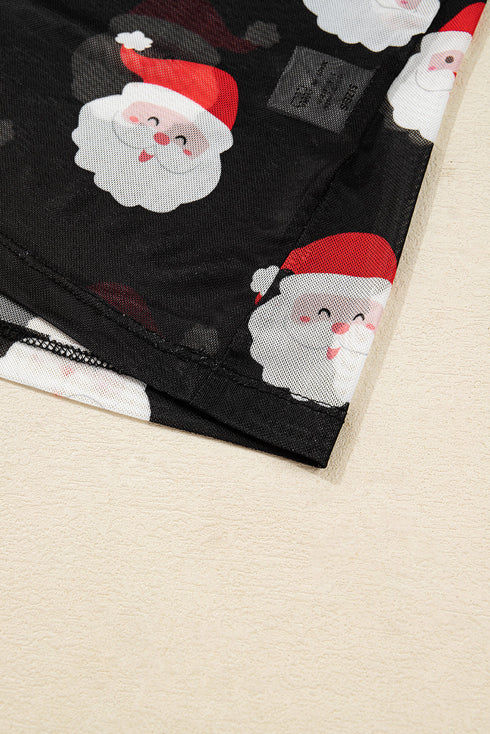Santa Print Sheer Mesh Mock Neck Slim Fit Long Sleeve Top